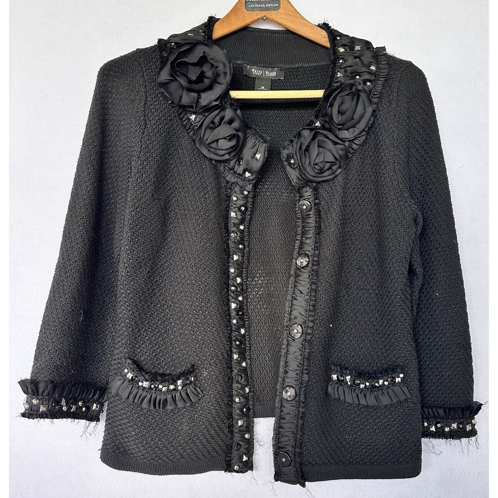 White House Black Market Cardigan Rosette Rhinestone Womens M Black Excellent